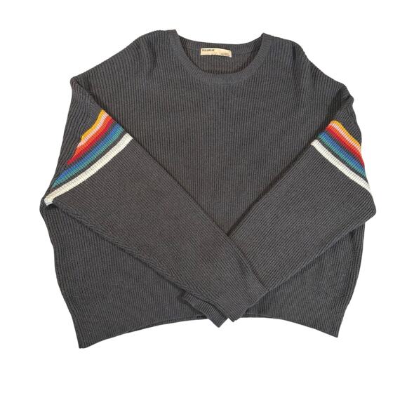 Pull & Bear women’s grey crew neck sweater. Rainbow stripe sleeves. Size M. - Picture 1 of 5